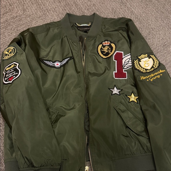 Express Jackets & Blazers - Express Olive Green Bomber Jacket with Patches